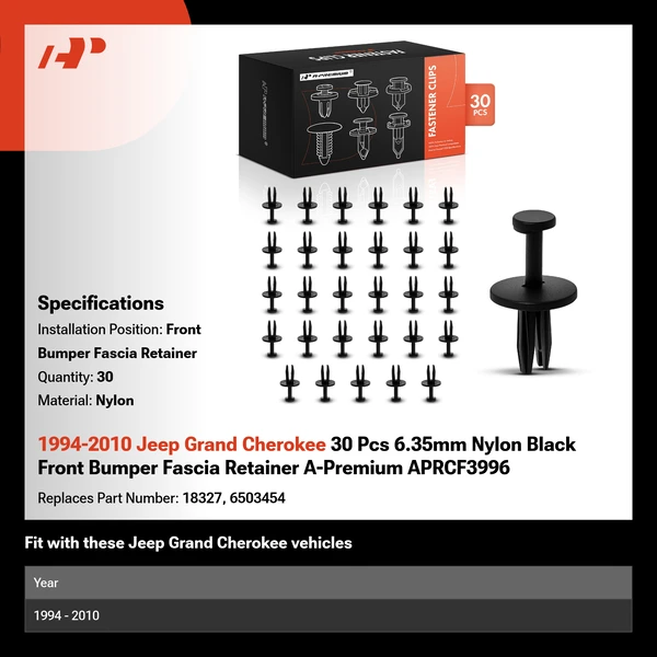 1994-2010 Jeep Grand Cherokee 30 Pcs 6.35mm Nylon Black Front Bumper Fascia Retainer A-Premium APRCF3996