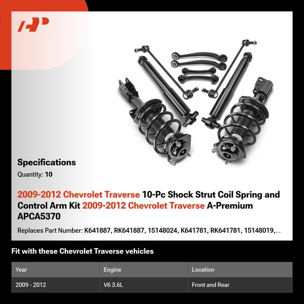 2009-2012 Chevrolet Traverse 10-Pc Shock Strut Coil Spring and Control Arm Kit 2009-2012 Chevrolet Traverse A-Premium APCA5370