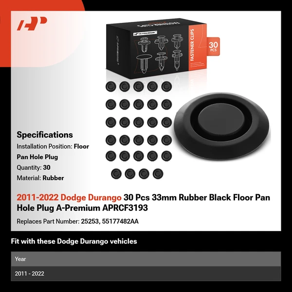 2011-2022 Dodge Durango 30 Pcs 33mm Rubber Black Floor Pan Hole Plug A-Premium APRCF3193