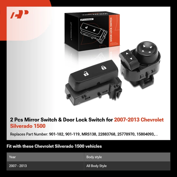 2 Pcs Mirror Switch & Door Lock Switch for 2007-2013 Chevrolet Silverado 1500