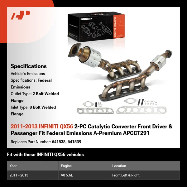 2011-2013 INFINITI QX56 2-PC Catalytic Converter Front Driver & Passenger Fit Federal Emissions A-Premium APCCT291