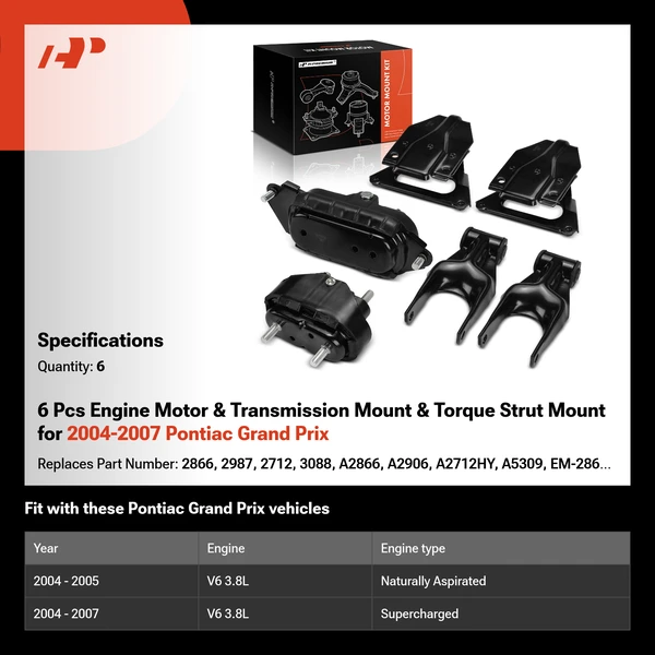 6 Pcs Engine Motor & Transmission Mount & Torque Strut Mount for 2004-2007 Pontiac Grand Prix