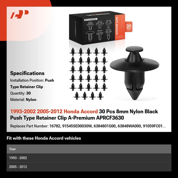 1993-2002 2005-2012 Honda Accord 30 Pcs 8mm Nylon Black Push Type Retainer Clip A-Premium APRCF3630
