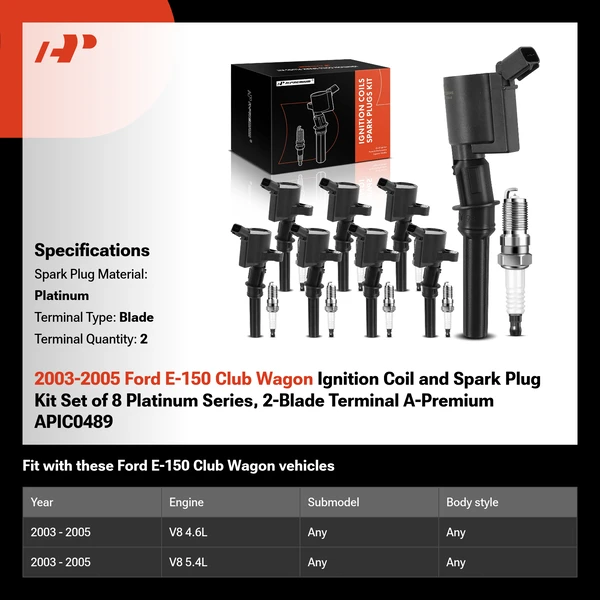 2003-2005 Ford E-150 Club Wagon Ignition Coil and Spark Plug Kit Set of 8 Platinum Series, 2-Blade Terminal A-Premium APIC0489