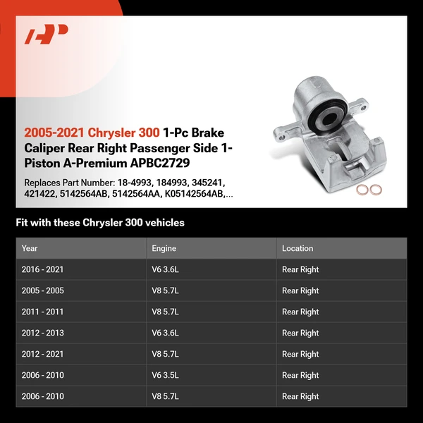 2005-2021 Chrysler 300 1-Pc Brake Caliper Rear Right Passenger Side 1-Piston A-Premium APBC2729