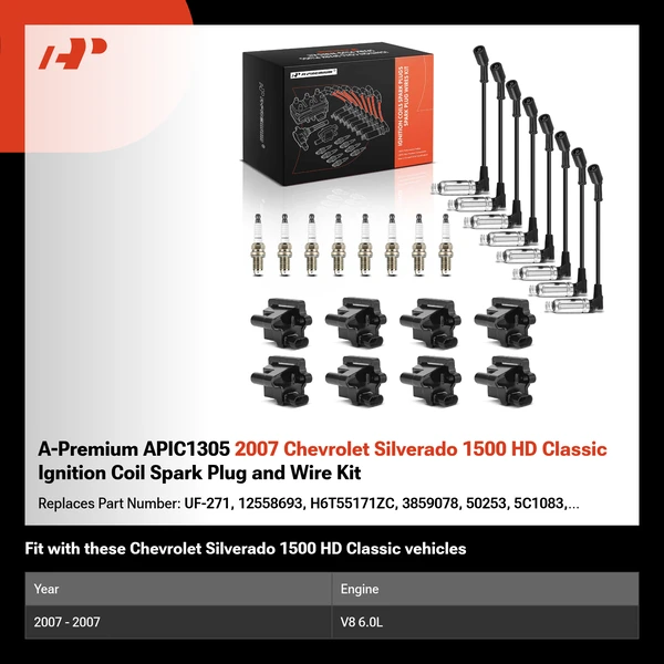 A-Premium APIC1305 2007 Chevrolet Silverado 1500 HD Classic Ignition Coil Spark Plug and Wire Kit