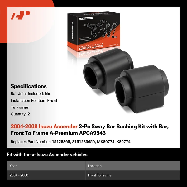2004-2008 Isuzu Ascender 2-Pc Sway Bar Bushing Kit with Bar, Front To Frame A-Premium APCA9543