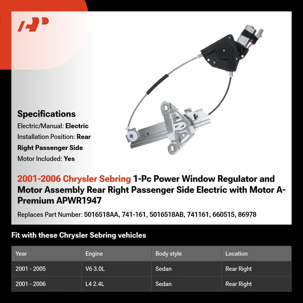 2001-2006 Chrysler Sebring 1-Pc Power Window Regulator and Motor Assembly Rear Right Passenger Side Electric with Motor A-Premium APWR1947