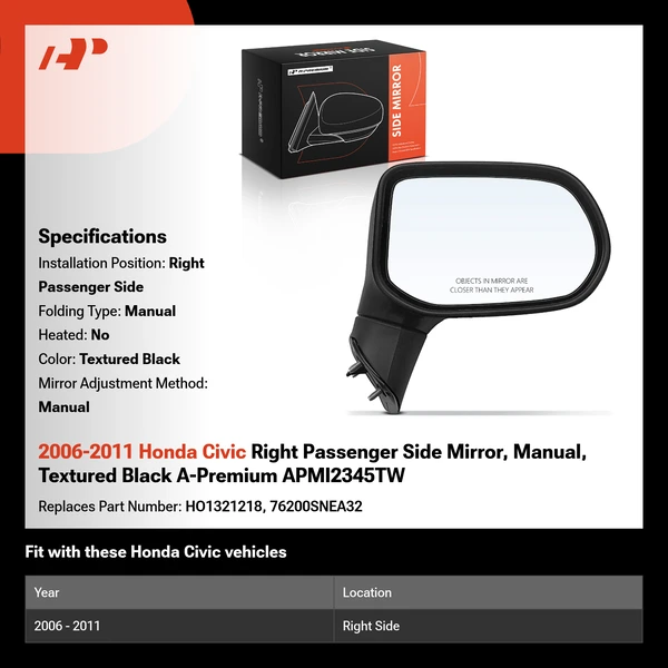 2006-2011 Honda Civic Right Passenger Side Mirror, Manual, Textured Black A-Premium APMI2345TW