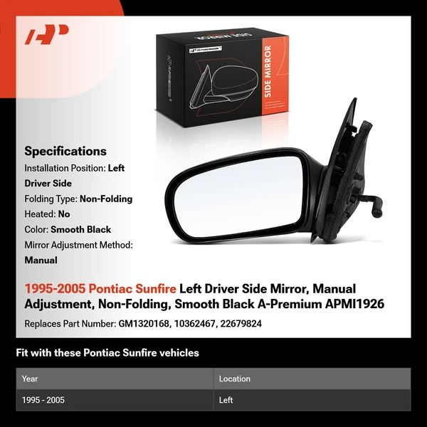 1995-2005 Pontiac Sunfire Left Driver Side Mirror, Manual Adjustment, Non-Folding, Smooth Black A-Premium APMI1926