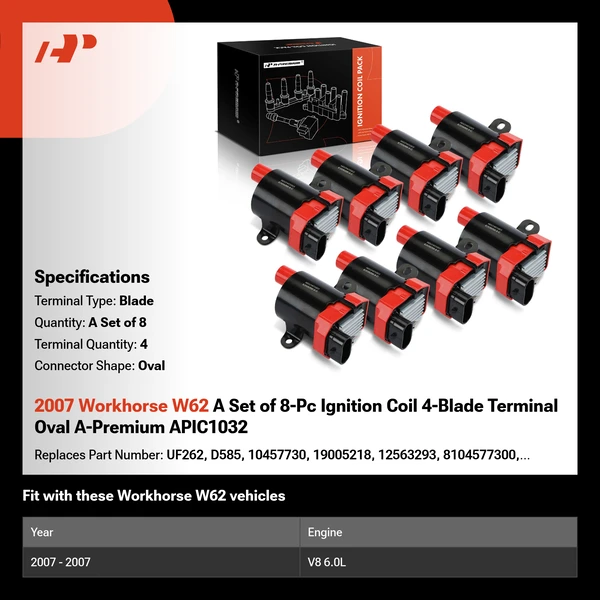 2007 Workhorse W62 A Set of 8-Pc Ignition Coil 4-Blade Terminal Oval A-Premium APIC1032