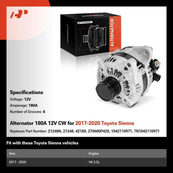 Alternator 180A 12V CW for 2017-2020 Toyota Sienna