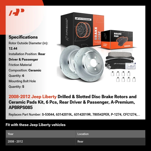 2008-2012 Jeep Liberty Drilled & Slotted Disc Brake Rotors and Ceramic Pads Kit, 6 Pcs, Rear Driver & Passenger, A-Premium, APBRPS085