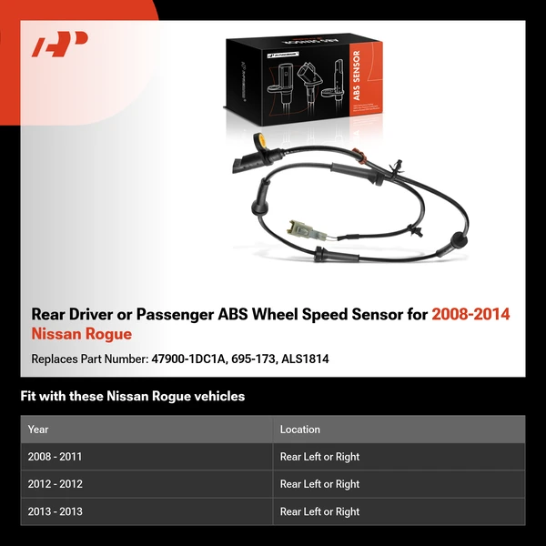 Rear Driver or Passenger ABS Wheel Speed Sensor for 2008-2014 Nissan Rogue