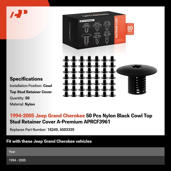 1994-2005 Jeep Grand Cherokee 50 Pcs Nylon Black Cowl Top Stud Retainer Cover A-Premium APRCF3961