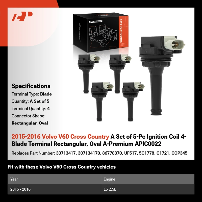 2015-2016 Volvo V60 Cross Country A Set of 5-Pc Ignition Coil 4-Blade Terminal Rectangular, Oval A-Premium APIC0022
