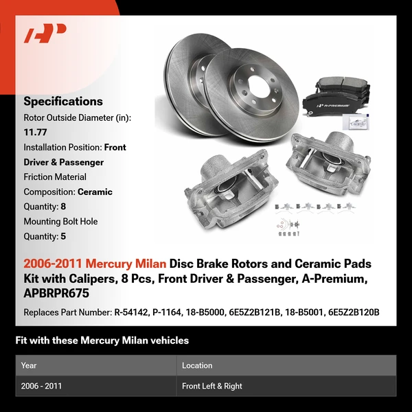 2006-2011 Mercury Milan Disc Brake Rotors and Ceramic Pads Kit with Calipers, 8 Pcs, Front Driver & Passenger, A-Premium, APBRPR675