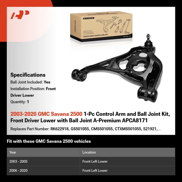 2003-2020 GMC Savana 2500 1-Pc Control Arm and Ball Joint Kit, Front Driver Lower with Ball Joint A-Premium APCA8171