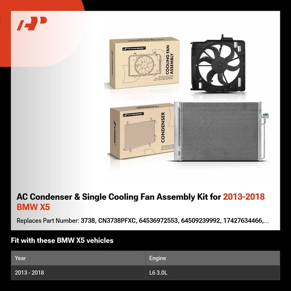 AC Condenser & Single Cooling Fan Assembly Kit for 2013-2018 BMW X5