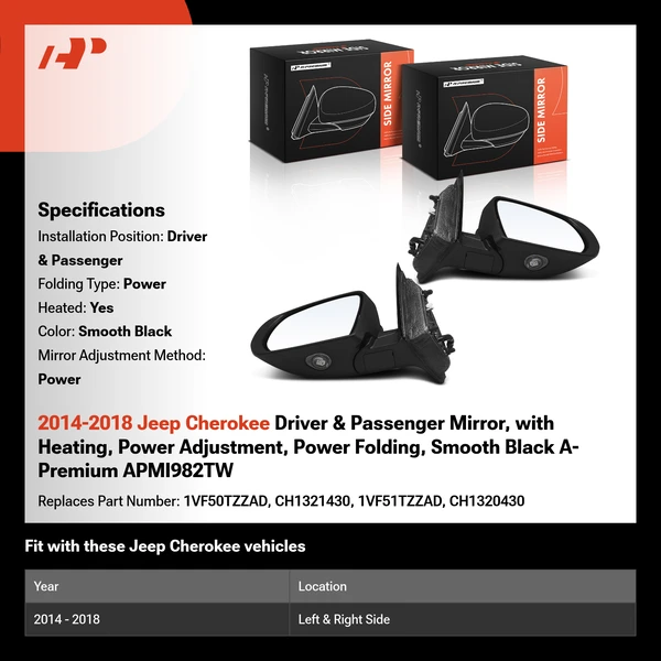 2014-2018 Jeep Cherokee Driver & Passenger Mirror, with Heating, Power Adjustment, Power Folding, Smooth Black A-Premium APMI982TW