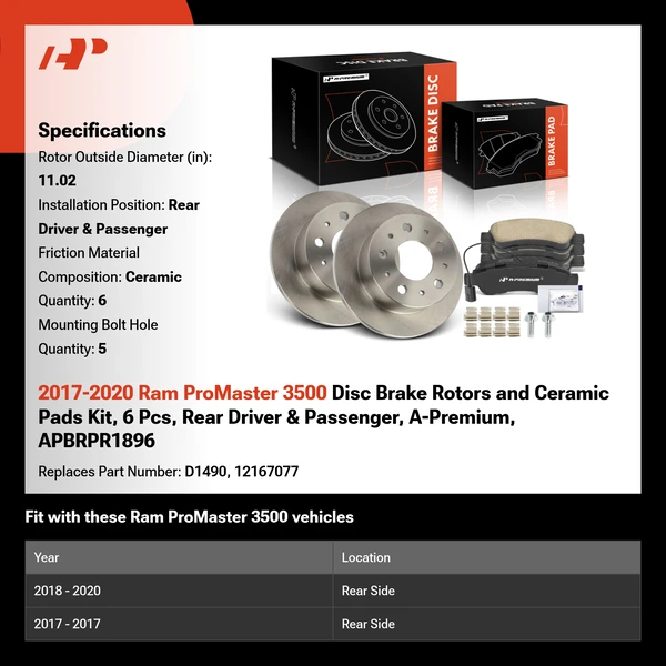 2017-2020 Ram ProMaster 3500 Disc Brake Rotors and Ceramic Pads Kit, 6 Pcs, Rear Driver & Passenger, A-Premium, APBRPR1896