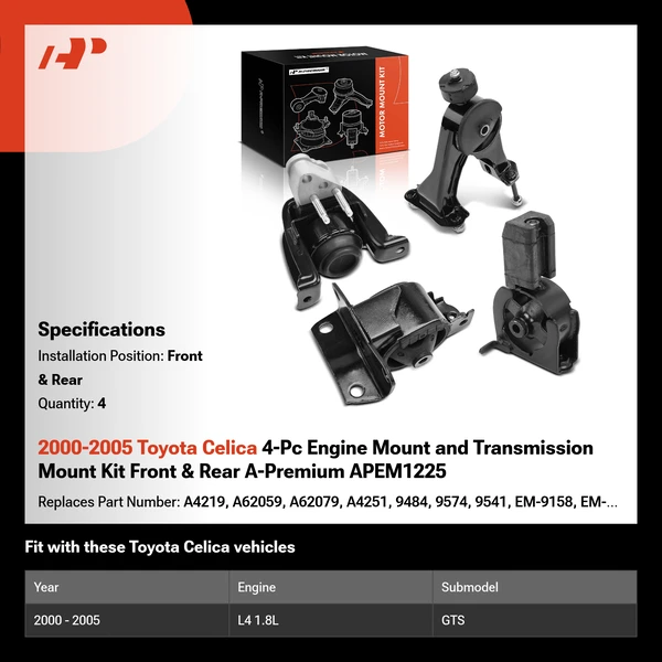 2000-2005 Toyota Celica 4-Pc Engine Mount and Transmission Mount Kit Front & Rear A-Premium APEM1225