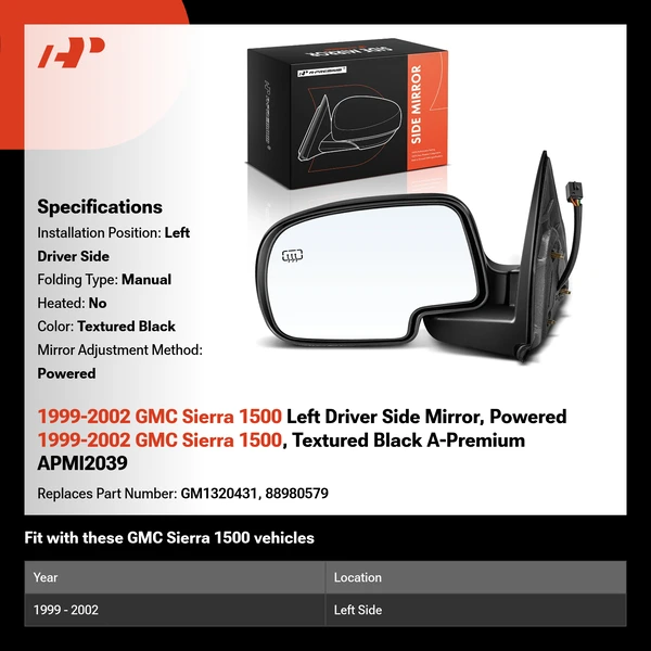 1999-2002 GMC Sierra 1500 Left Driver Side Mirror, Powered 1999-2002 GMC Sierra 1500, Textured Black A-Premium APMI2039