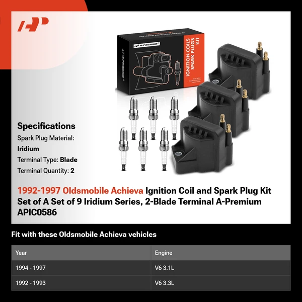 1992-1997 Oldsmobile Achieva Ignition Coil and Spark Plug Kit Set of A Set of 9 Iridium Series, 2-Blade Terminal A-Premium APIC0586