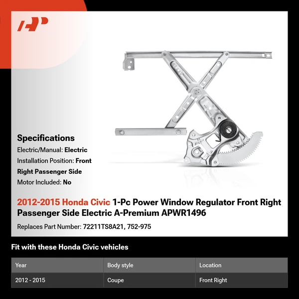 2012-2015 Honda Civic 1-Pc Power Window Regulator Front Right Passenger Side Electric A-Premium APWR1496