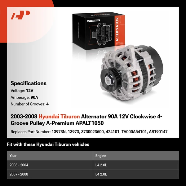2003-2008 Hyundai Tiburon Alternator 90A 12V Clockwise 4-Groove Pulley A-Premium APALT1050
