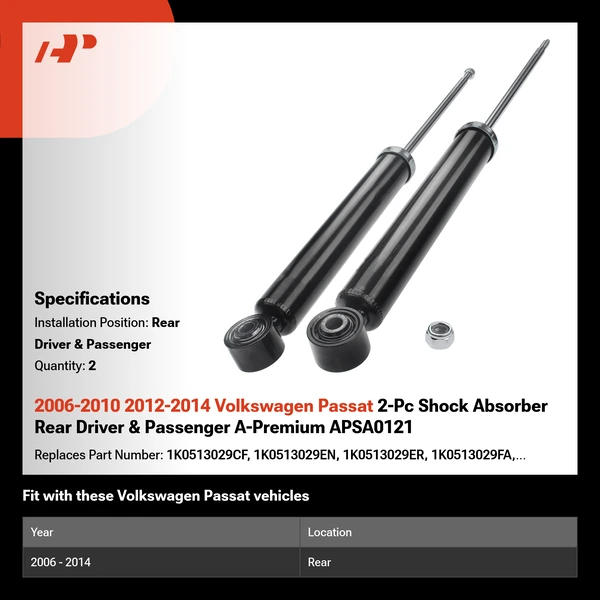 2006-2010 2012-2014 Volkswagen Passat 2-Pc Shock Absorber Rear Driver & Passenger A-Premium APSA0121