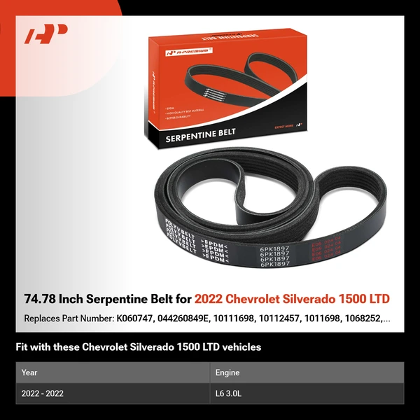 74.78 Inch Serpentine Belt for 2022 Chevrolet Silverado 1500 LTD