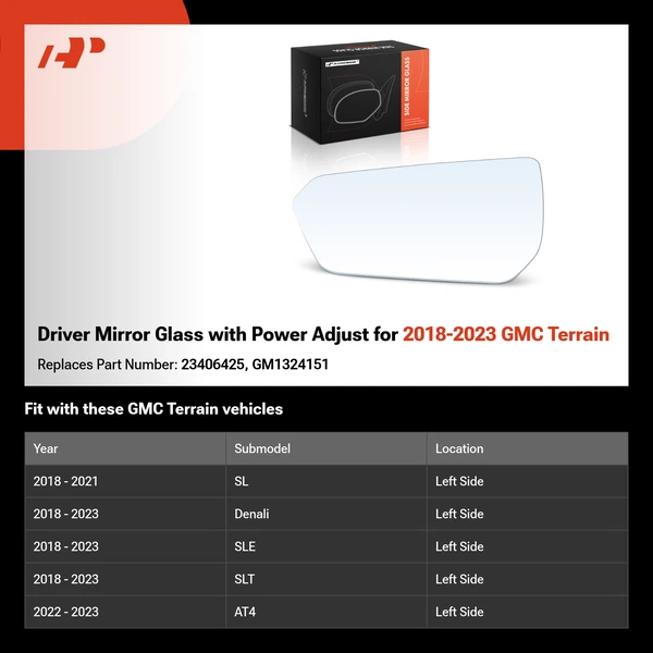 Driver Mirror Glass with Power Adjust for 2018-2023 GMC Terrain