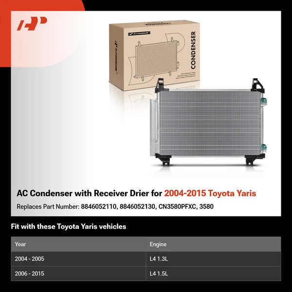 AC Condenser with Receiver Drier for 2004-2015 Toyota Yaris