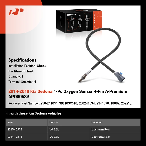 2014-2018 Kia Sedona 1-Pc Oxygen Sensor 4-Pin A-Premium APOS0539