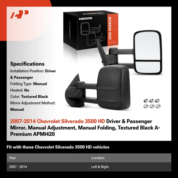 2007-2014 Chevrolet Silverado 3500 HD Driver & Passenger Mirror, Manual Adjustment, Manual Folding, Textured Black A-Premium APMI420