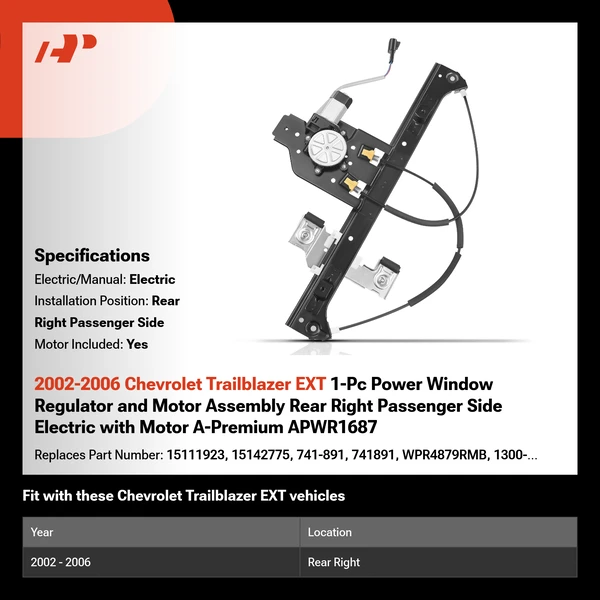 2002-2006 Chevrolet Trailblazer EXT 1-Pc Power Window Regulator and Motor Assembly Rear Right Passenger Side Electric with Motor A-Premium APWR1687