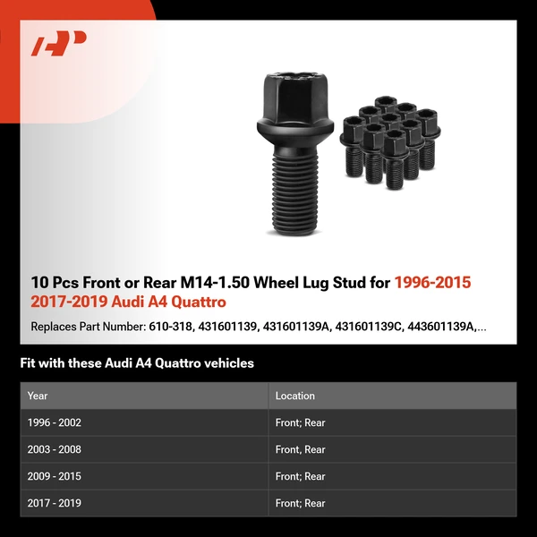10 Pcs Front or Rear M14-1.50 Wheel Lug Stud for 1996-2015 2017-2019 Audi A4 Quattro