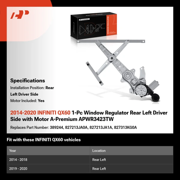 2014-2020 INFINITI QX60 1-Pc Window Regulator Rear Left Driver Side with Motor A-Premium APWR3423TW