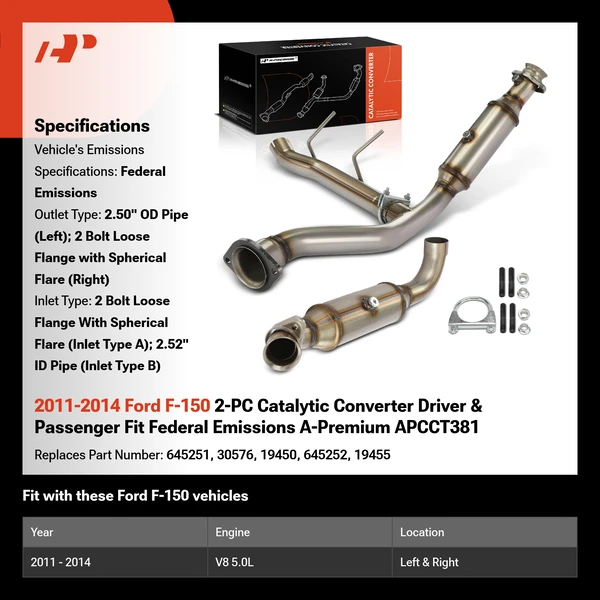 2011-2014 Ford F-150 2-PC Catalytic Converter Driver & Passenger Fit Federal Emissions A-Premium APCCT381