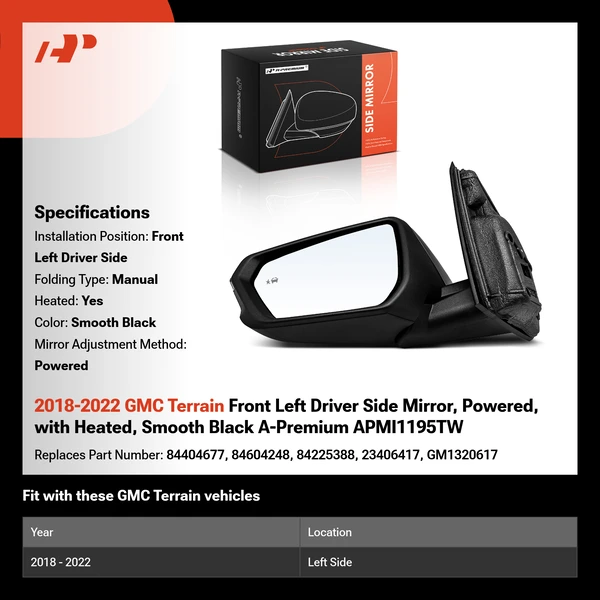 2018-2022 GMC Terrain Front Left Driver Side Mirror, Powered, with Heated, Smooth Black A-Premium APMI1195TW