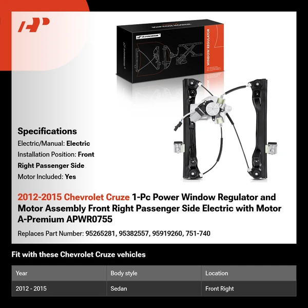 2012-2015 Chevrolet Cruze 1-Pc Power Window Regulator and Motor Assembly Front Right Passenger Side Electric with Motor A-Premium APWR0755