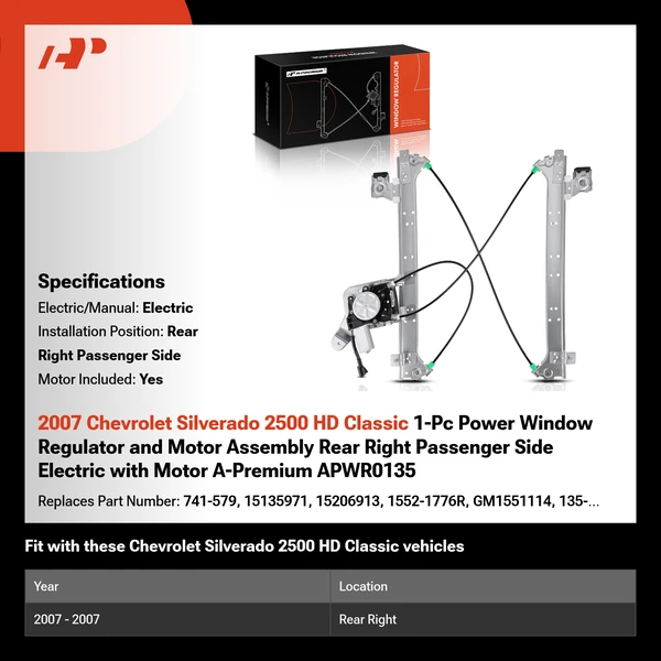 2007 Chevrolet Silverado 2500 HD Classic 1-Pc Power Window Regulator and Motor Assembly Rear Right Passenger Side Electric with Motor A-Premium APWR0135