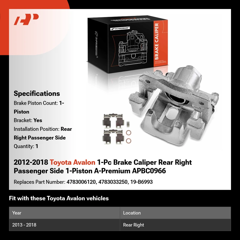 2012-2018 Toyota Avalon 1-Pc Brake Caliper Rear Right Passenger Side 1-Piston A-Premium APBC0966