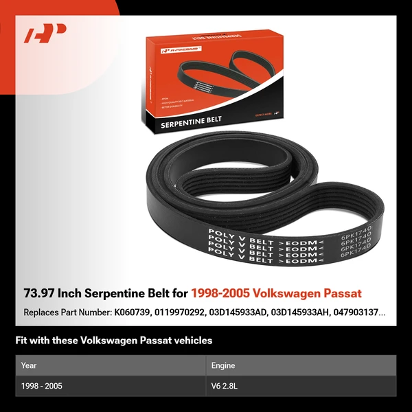 73.97 Inch Serpentine Belt for 1998-2005 Volkswagen Passat