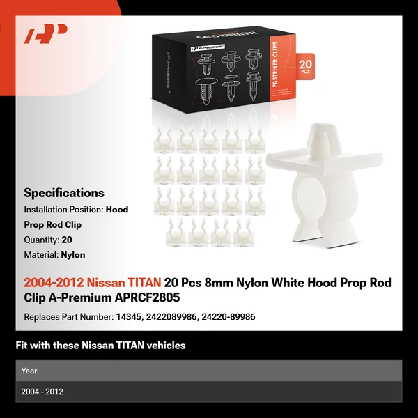 2004-2012 Nissan TITAN 20 Pcs 8mm Nylon White Hood Prop Rod Clip A-Premium APRCF2805
