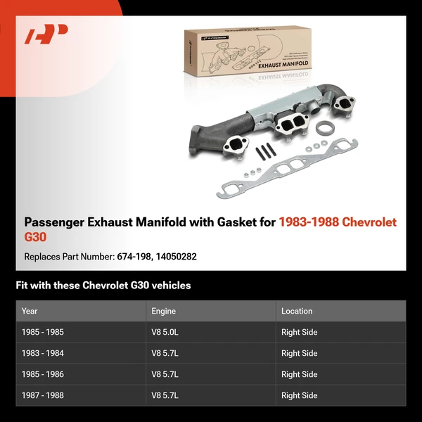 Passenger Exhaust Manifold with Gasket for 1983-1988 Chevrolet G30