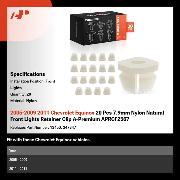 2005-2009 2011 Chevrolet Equinox 20 Pcs 7.9mm Nylon Natural Front Lights Retainer Clip A-Premium APRCF2567