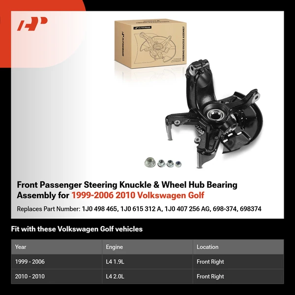 Front Passenger Steering Knuckle & Wheel Hub Bearing Assembly for 1999-2006 2010 Volkswagen Golf