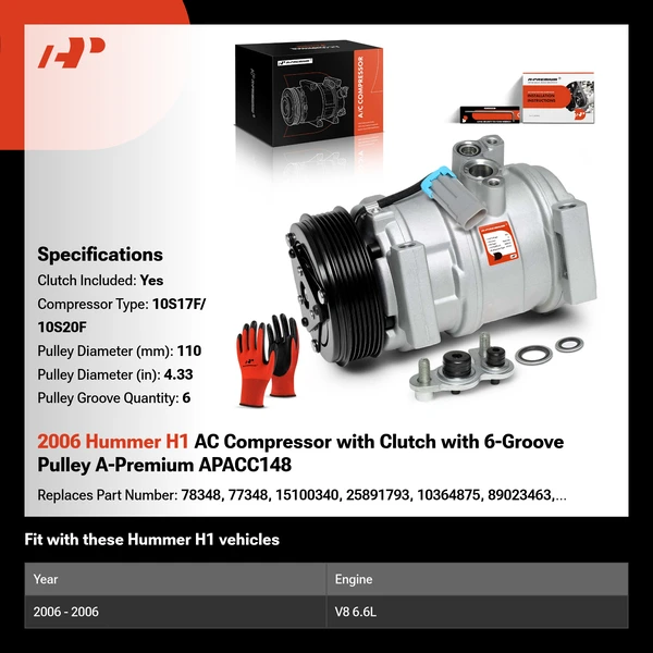 2006 Hummer H1 AC Compressor with Clutch with 6-Groove Pulley A-Premium APACC148